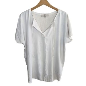 Loft | Ivory Mixed Material V-neck Tie Blouse Size Large